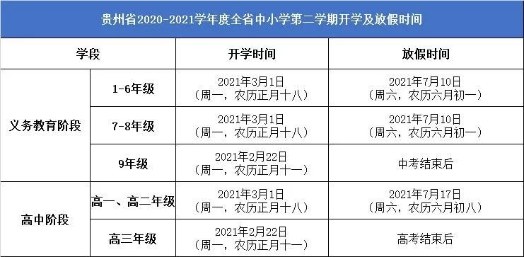 2021贵州中小学寒假开学时间