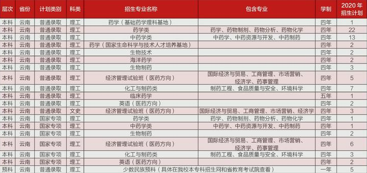 中国药科大学在云南招生计划