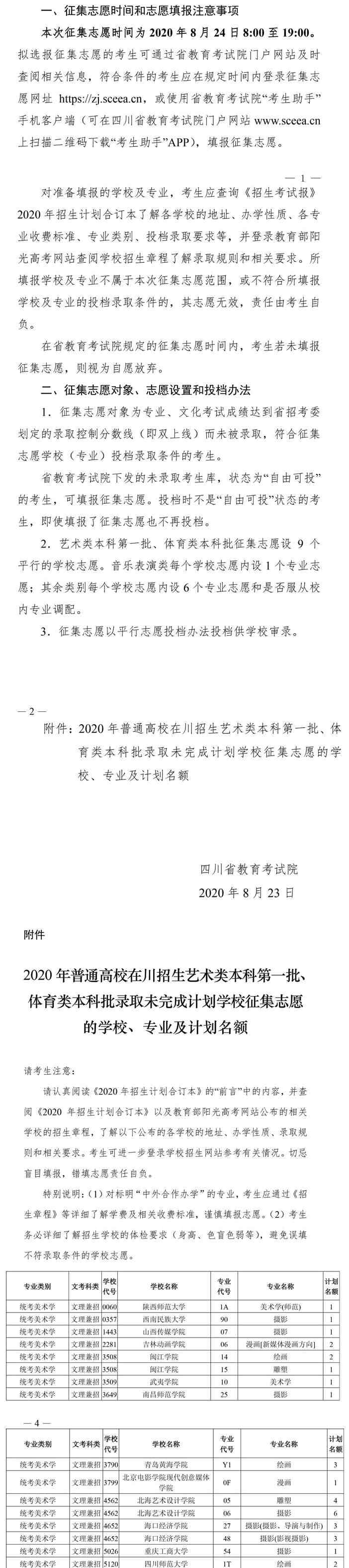 2020四川一本征集志愿时间及学校