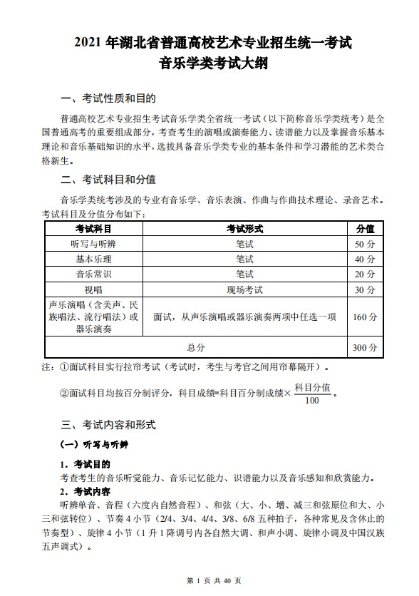 2021年湖北音乐类统考考试大纲公布