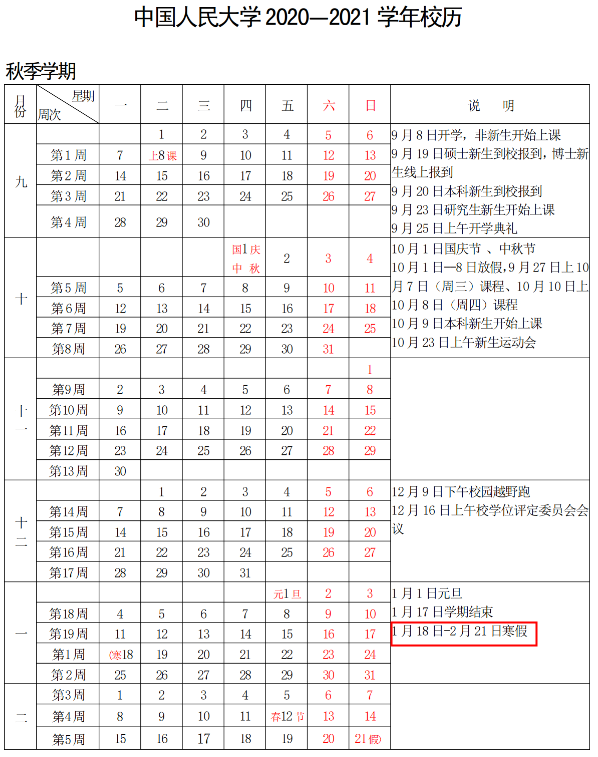 2021中国人民大学寒假放假时间公布