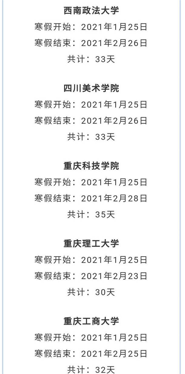 重庆各大学2021年放寒假时间