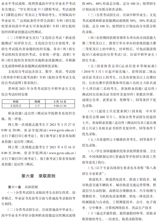 贵阳职业技术学院2021年分类考试招生章程