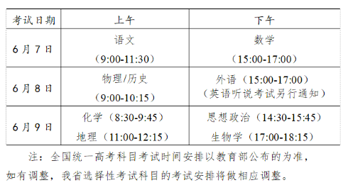 广东高考时间及科目安排