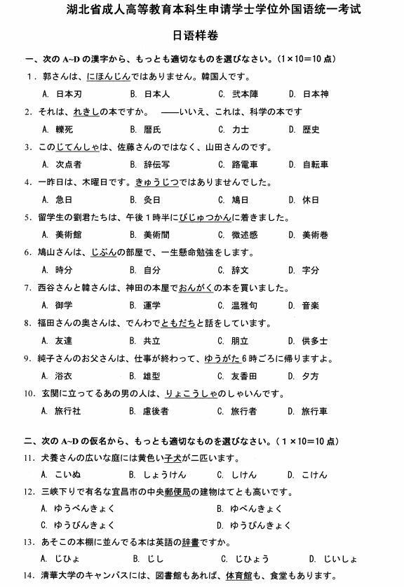 2022年湖北省成人学士学位外语考试大纲（日语）