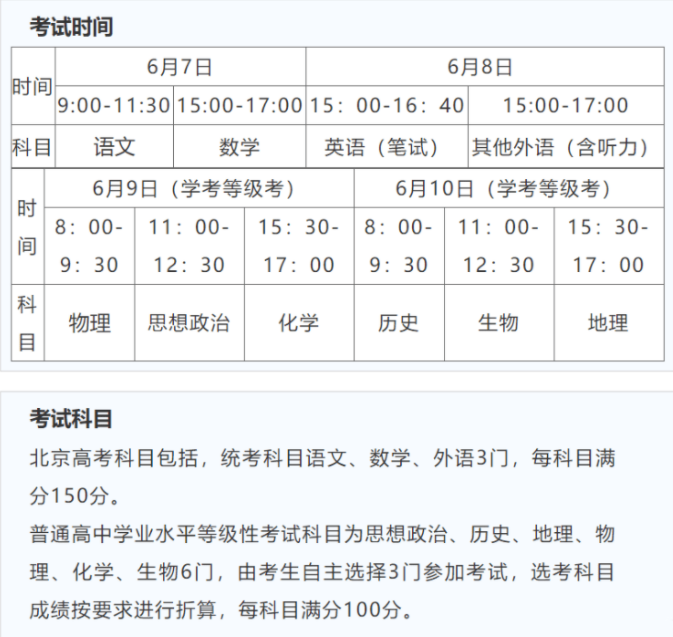 2022北京高考具体科目时间几月几号 各科分值多少