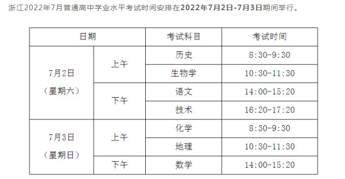 2022浙江高中学业水平考试时间