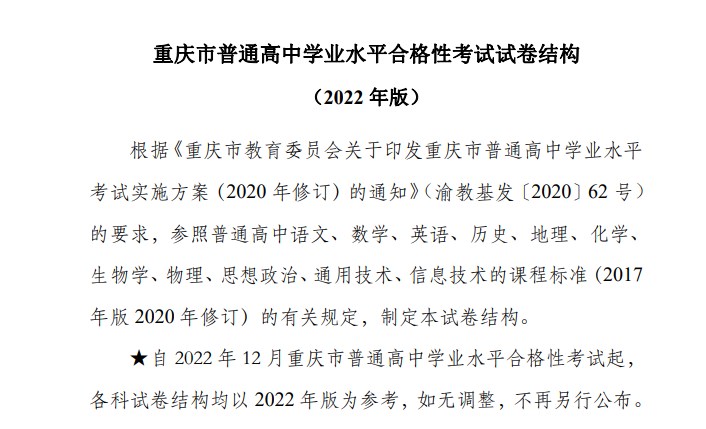 2022重庆高中学业水平考试试卷结构