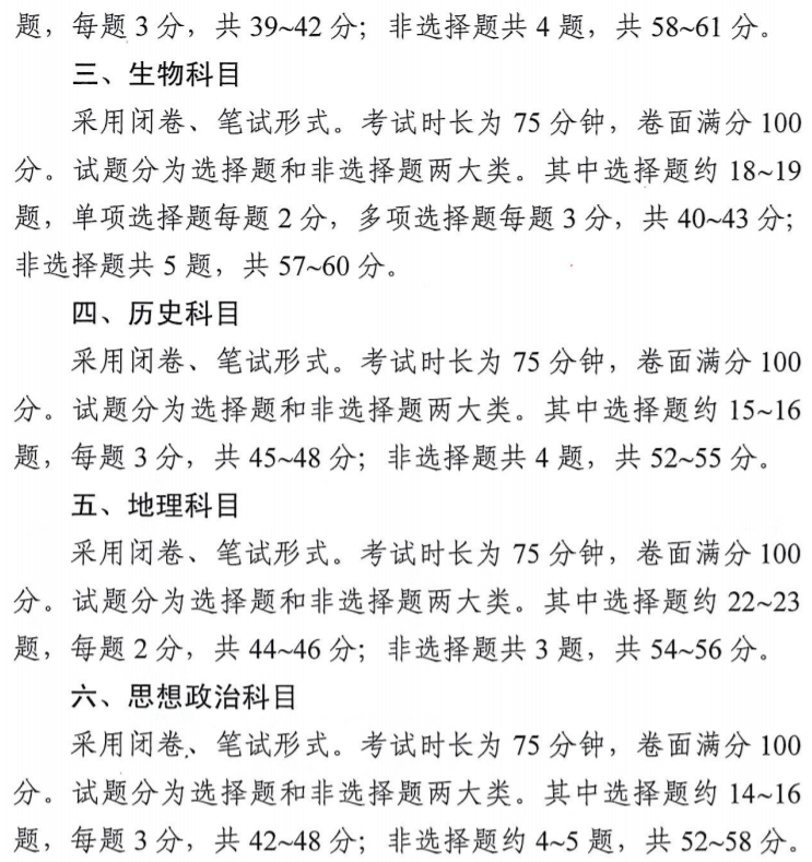 江苏高中学业水平选择性考试科目试卷结构