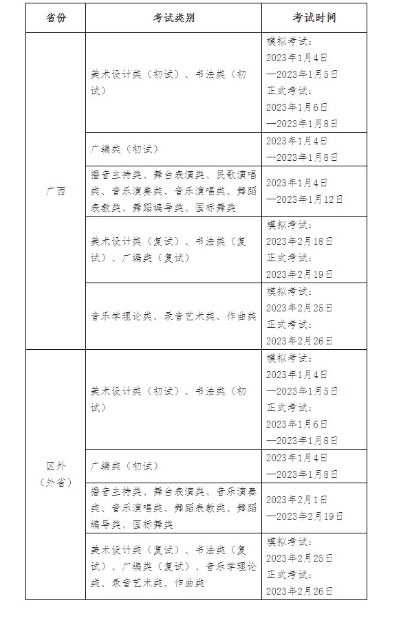 广西艺术学院2023年校考考试安排 几号考试