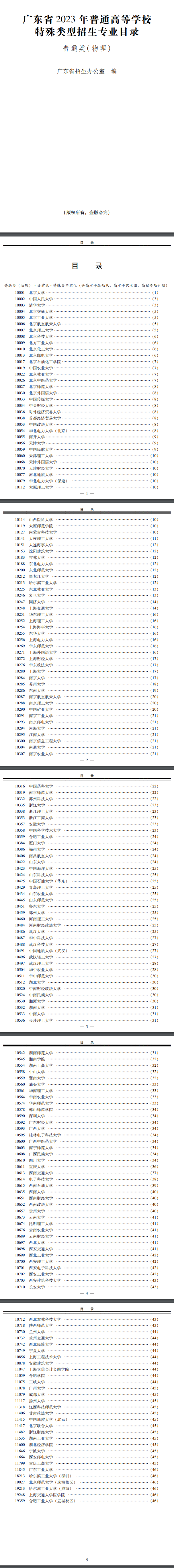 广东2023大学特殊类型招生专业目录（物理+历史）