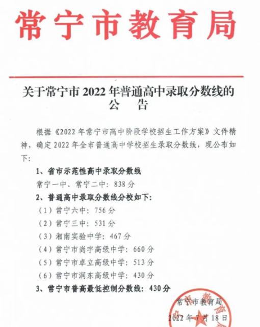 2023常宁中考录取分数线最新公布 最低分数线出炉