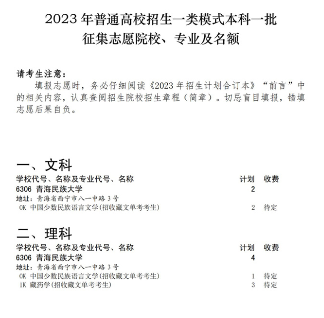 四川2023一类模式本科一批征集志愿院校专业计划公布