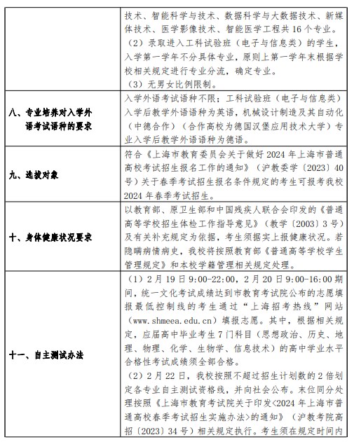 2024上海理工大学春季高考招生简章 招生专业及计划