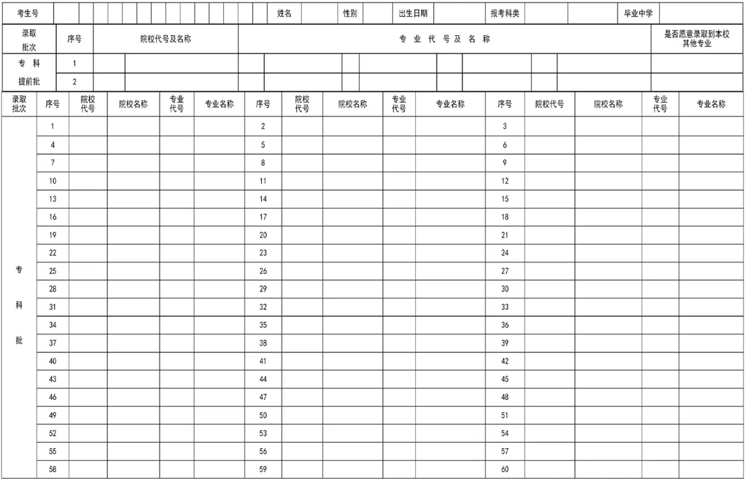 2024年辽宁省高考模拟志愿填报表样表