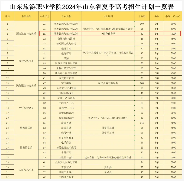 2024山东旅游职业学院中外合作办学各专业一年多少钱