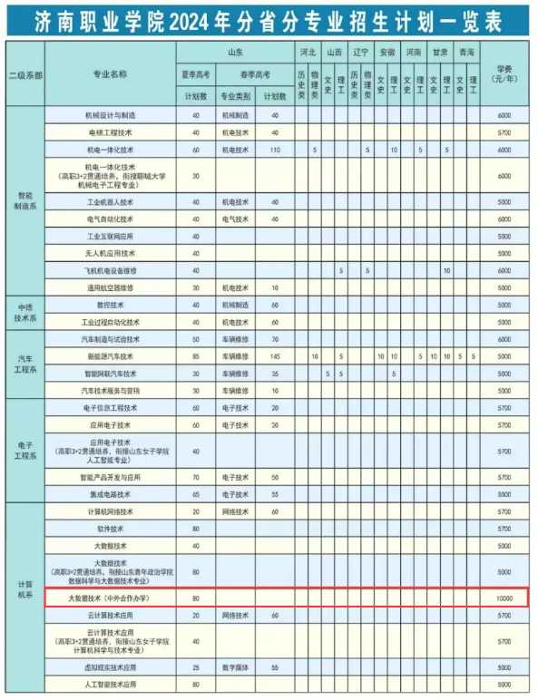 2024济南职业学院中外合作办学各专业一年多少钱