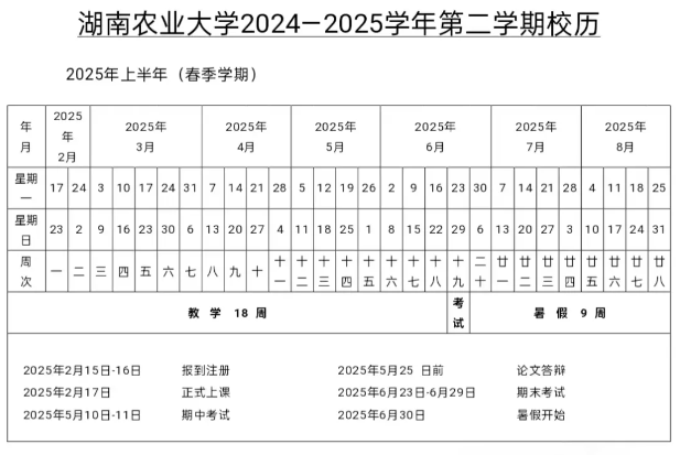 2024-2025年湖南农业大学校历