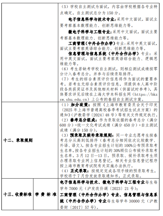 2025上海大学春季高考招生简章 招生专业及计划