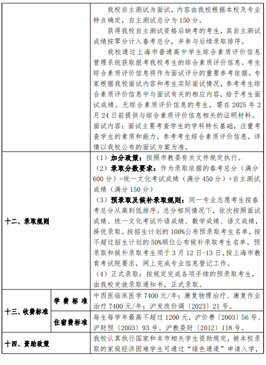 2025上海中医药大学春季高考招生简章 招生专业及计划