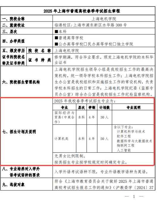 2025上海电机学院春季高考招生简章 招生专业及计划