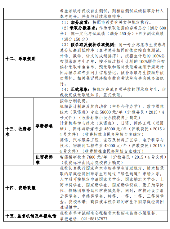 2025上海建桥学院春季高考招生简章 招生专业及计划