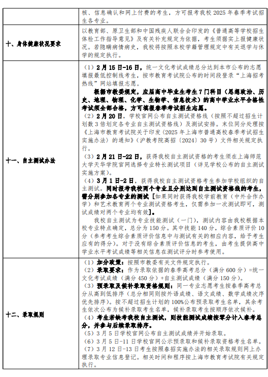 2025上海师范大学天华学院春季高考招生简章 招生专业及计划