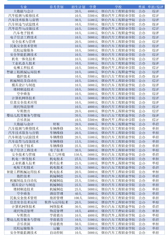 2025烟台汽车工程职业学院单招综评招生计划及专业