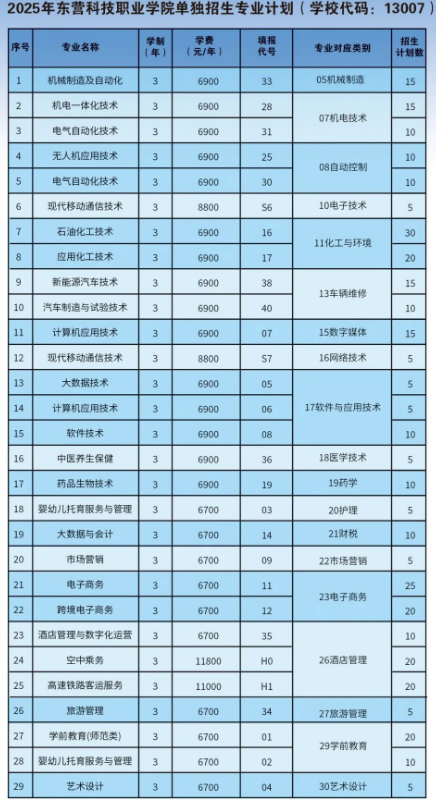 2025年东营科技职业学院单招综评招生计划及专业