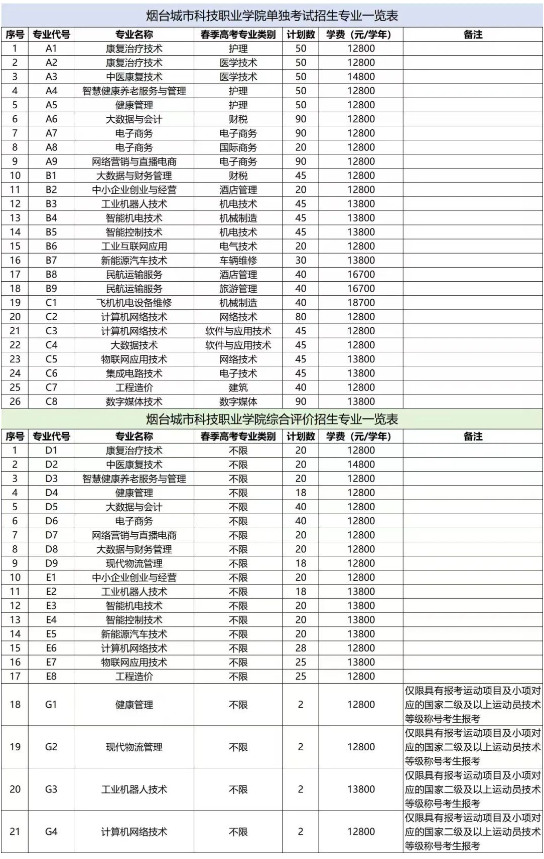 2025年烟台城市科技职业学院单招综评招生计划及专业