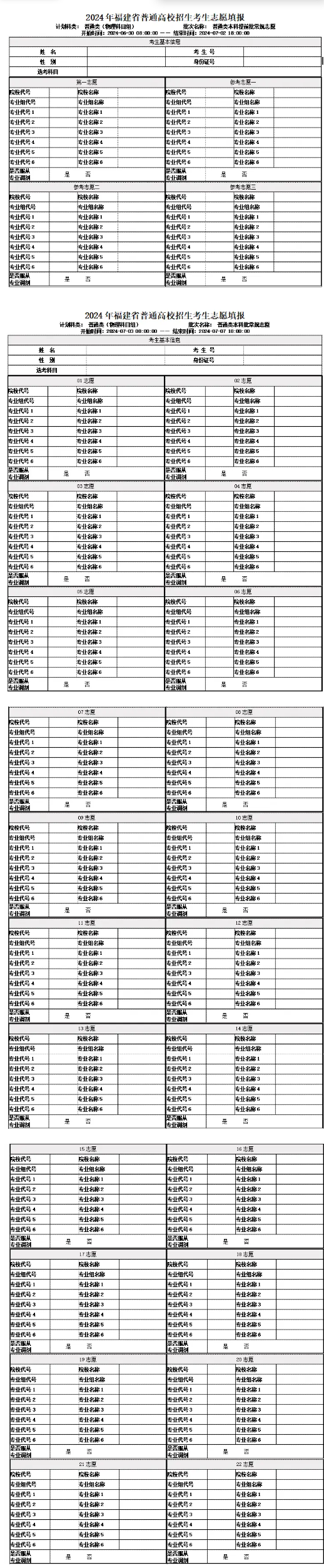 2025福建新高考40个志愿填报样表 2025福建新高考40个志愿填报样表