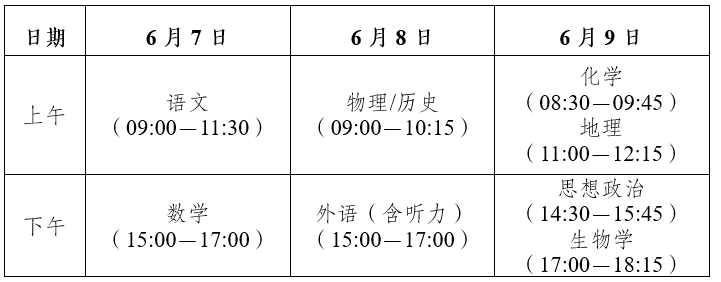 2025年云南高考各科目考试时间安排 什么时候考试