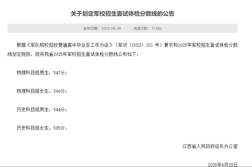 2025江西军校招生面试体检分数线 最低控制线多少