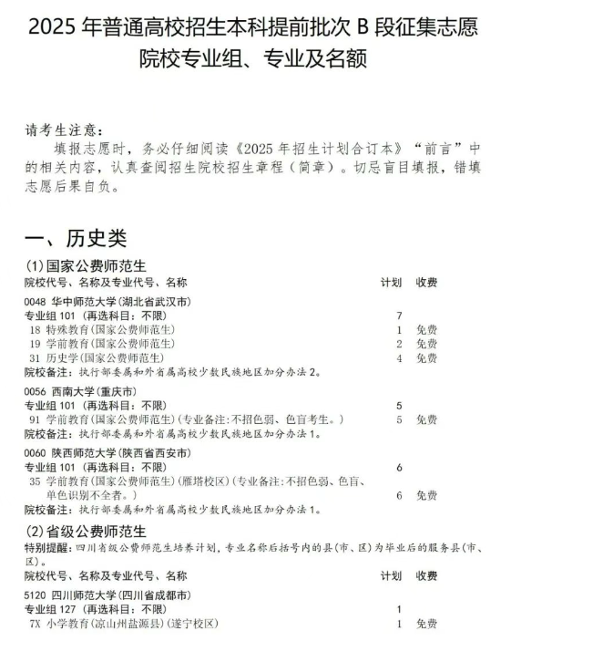 四川2025本科提前批B段征集志愿招生计划