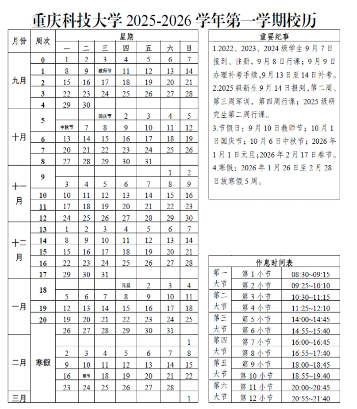 重庆科技大学2025新生开学时间及入学须知