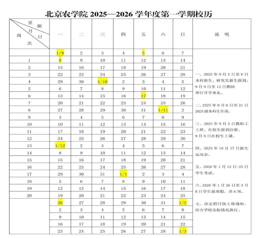 北京农学院2025新生开学时间及入学须知