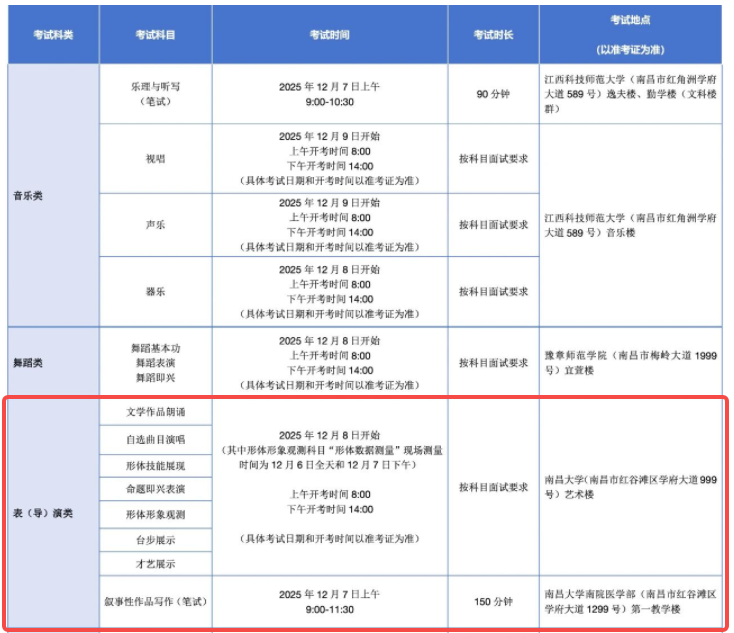 2026江西表（导）演类统考/联考具体考试时间