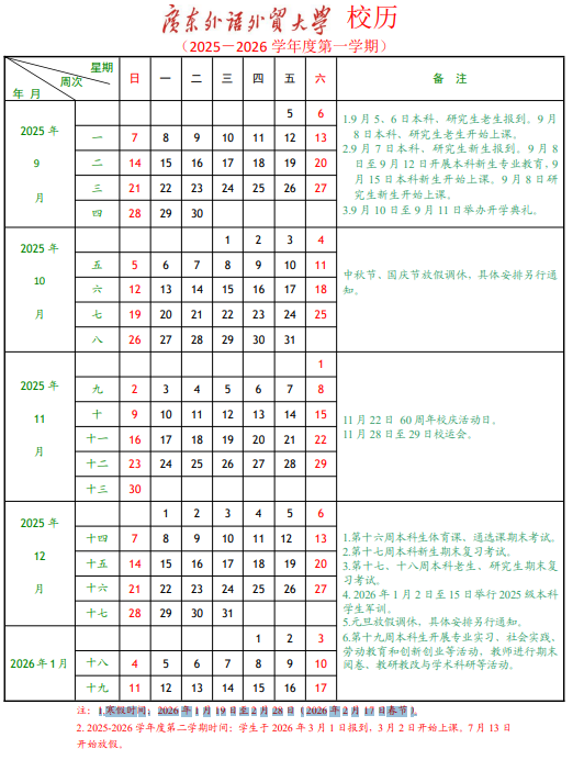 2026广东外语外贸大学寒假及开学时间 2026广东外语外贸大学寒假及开学时间