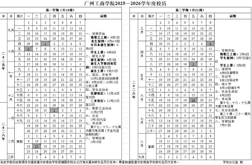 2026广州工商学院寒假及开学时间
