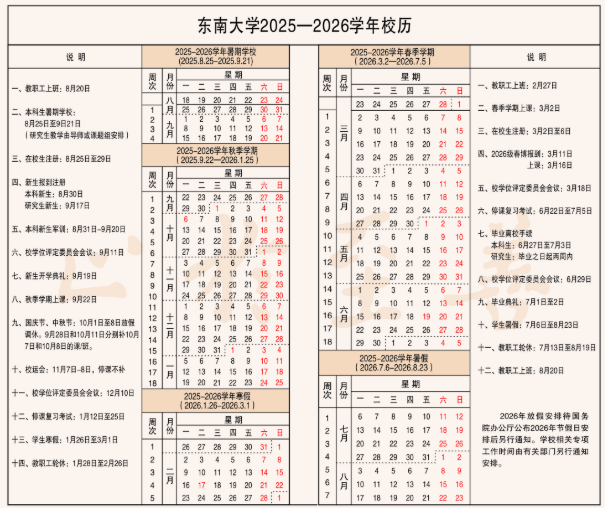 2026东南大学寒假及开学时间
