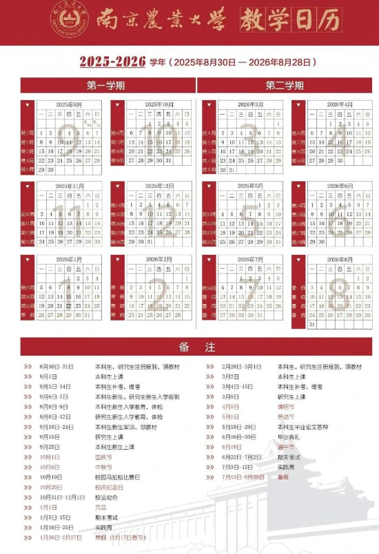2026南京农业大学寒假及开学时间