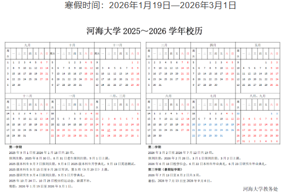 2026河海大学寒假及开学时间