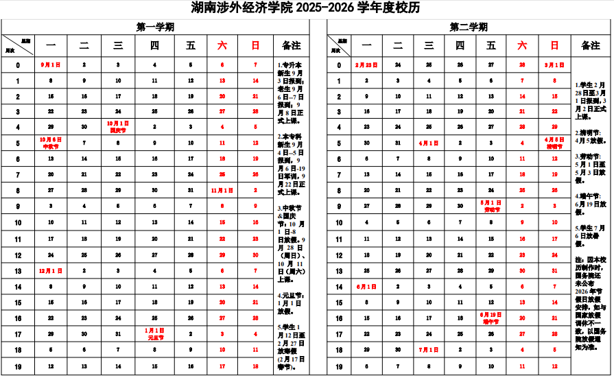 2026湖南涉外经济学院寒假及开学时间