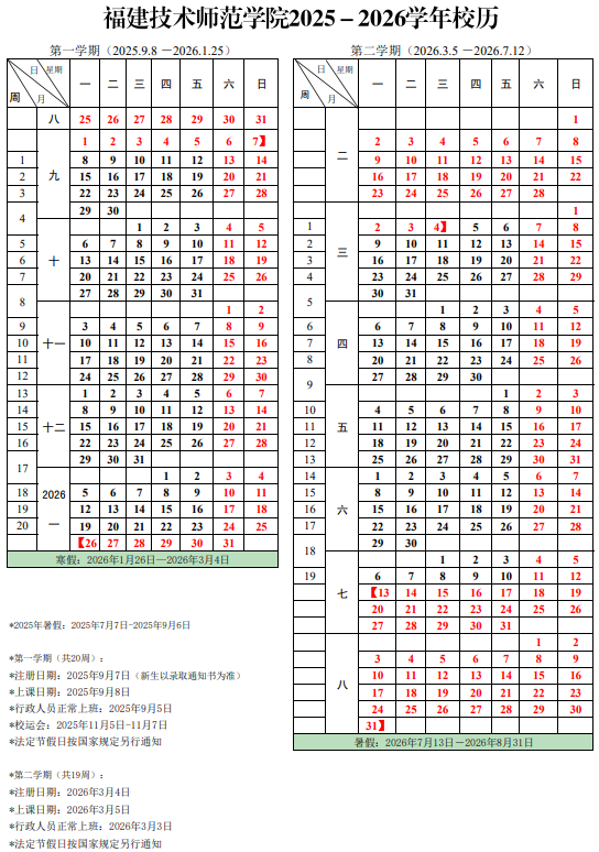 2026福建技术师范学院寒假时间及开学时间