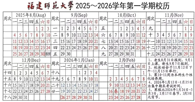 2026福建师范大学寒假时间及开学时间