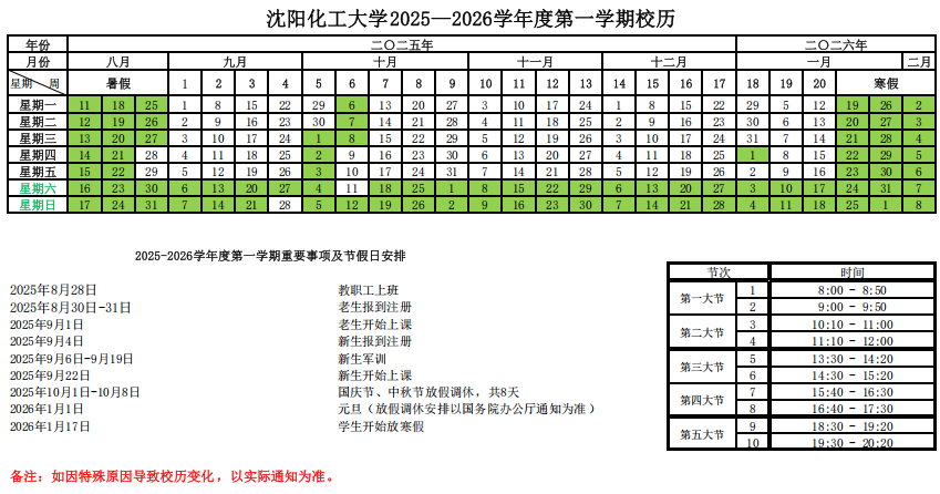 2026沈阳化工大学寒假及开学时间