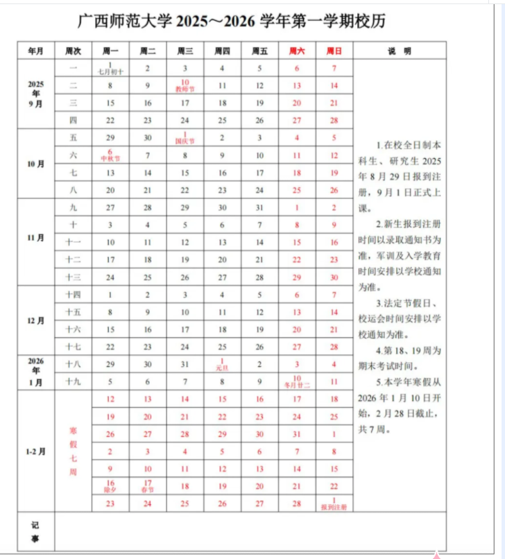 2026广西师范大学寒假放假时间及开学时间