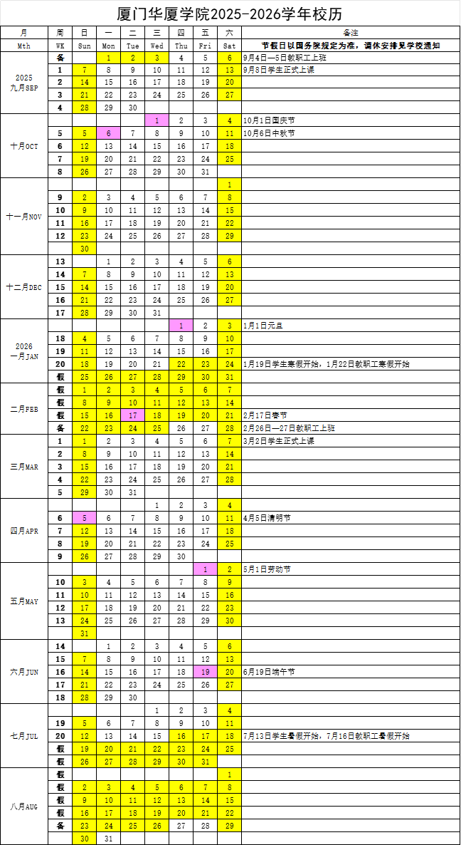 2026厦门华厦学院寒假时间及开学时间
