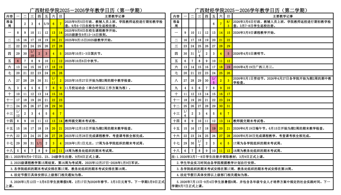 广西财经学院2026寒假放假时间及开学时间 一共放多少天（附校历）