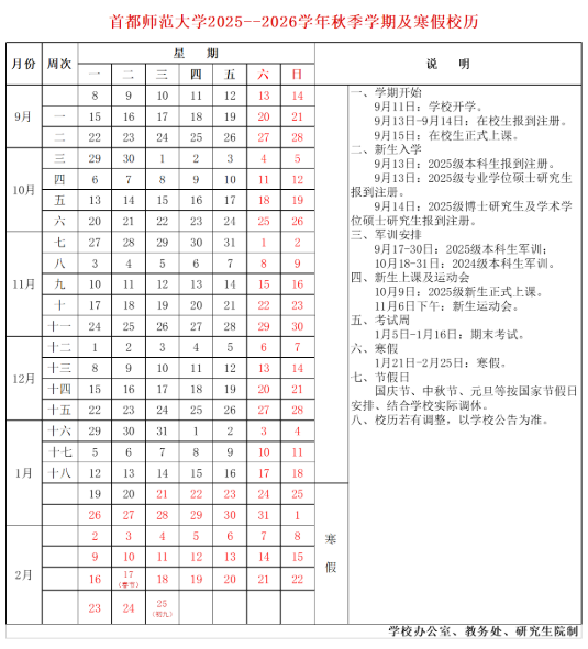 2026首都师范大学寒假及开学时间